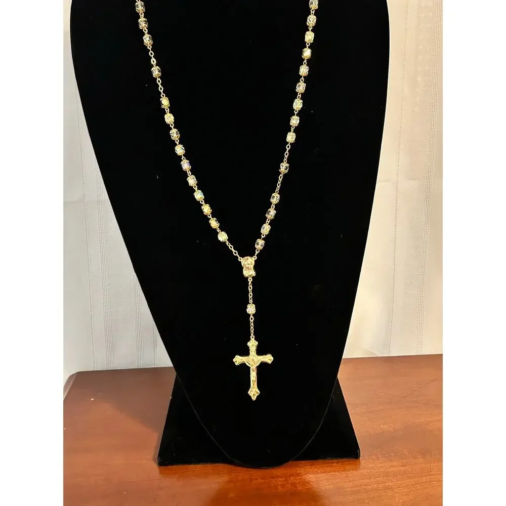 Gold Tone Crystal Bead Rosary Cross Pendant Necklace 26